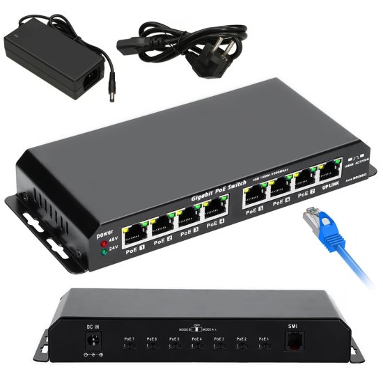 (kuva varten) Extralink KRATOS | PoE Switch | 7x Gigabit PoE, 1x Uplink RJ45, Power Supply 24V 2.5A, 60W - Sulje napsauttamalla kuva