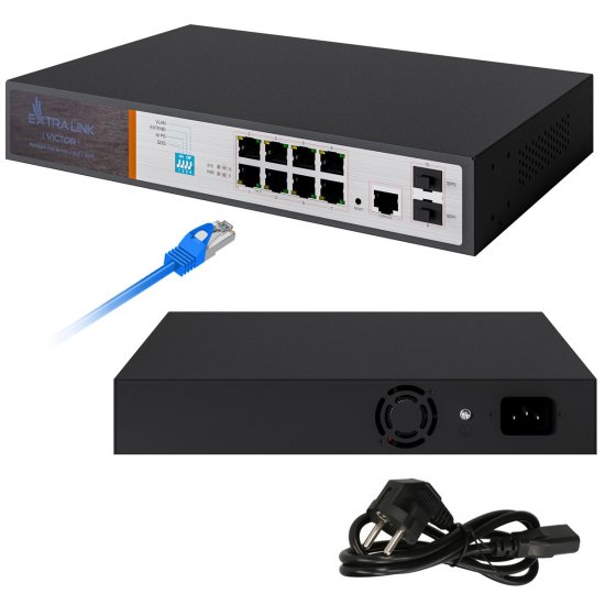 (kuva varten) Extralink VICTOR | PoE Switch | 8x Gigabit PoE/PoE+, 2x SFP, 1x Console Port, 150W, Managed - Sulje napsauttamalla kuva