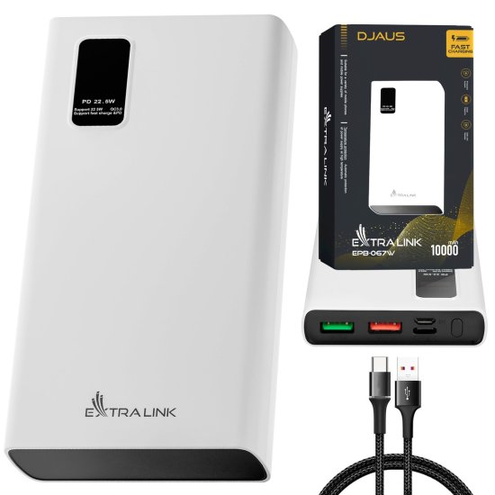 (kuva varten) Extralink EPB-067W 10000mAh White | Powerbank | Power bank, Fast Charging, USB-C - Sulje napsauttamalla kuva