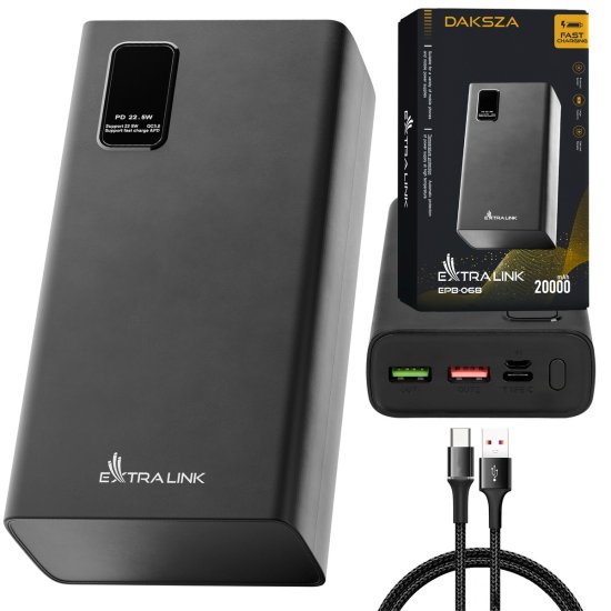 (kuva varten) Extralink EPB-068 20000mAh Black | Powerbank | Power bank, Fast Charging, USB-C - Sulje napsauttamalla kuva