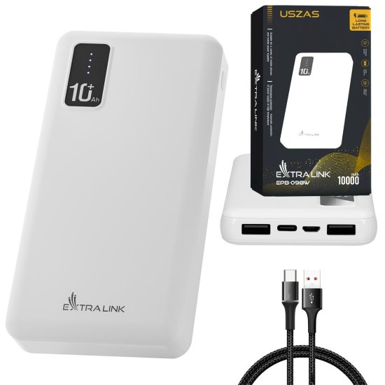 (kuva varten) Extralink EPB-098W 10000mAh White | Powerbank | Power bank, USB-C - Sulje napsauttamalla kuva