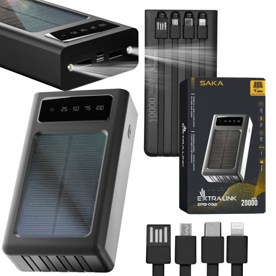 (kuva varten) Extralink EPB-092 20000mAh Black | Powerbank | Solar Power bank, USB-C - Sulje napsauttamalla kuva