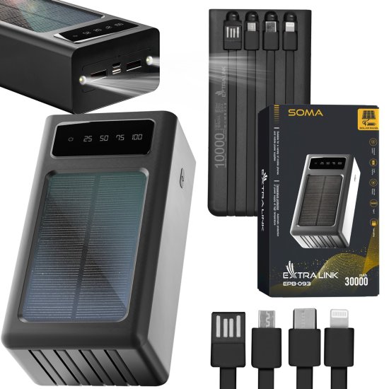 (kuva varten) Extralink EPB-093 30000mAh Black | Powerbank | Solar Power bank, USB-C - Sulje napsauttamalla kuva