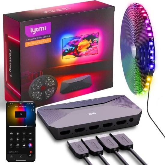 (kuva varten) Lytmi Fantasy 3 TV Backlight Kit HDMI 2.1 | LED Backlight Strip + Neo Box | for TV 85-90 inches, Sync Box