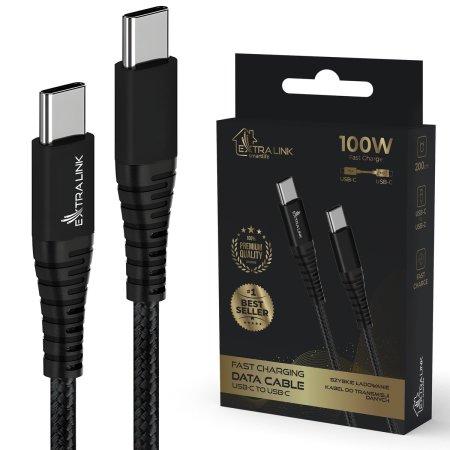 (kuva varten) Extralink Smart Life Braided 100W USB Type-C to Type-C 2m Black | USB Type C Cable | 480 Mbps, 20V 5A