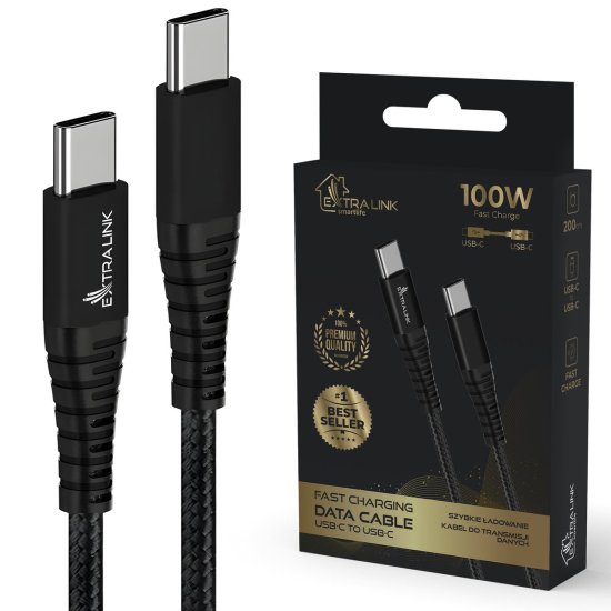 (kuva varten) Extralink Smart Life Braided 100W USB Type-C to Type-C 2m Black | USB Type C Cable | 480 Mbps, 20V 5A - Sulje napsauttamalla kuva