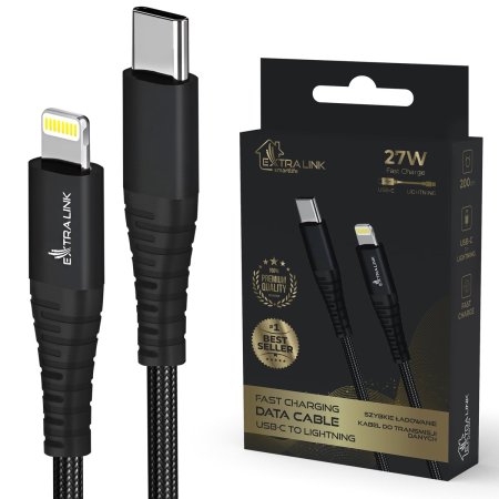 (kuva varten) Extralink Smart Life USB Type-C to Lightning Cable Braided Black | USB-C to Lightning Cable | 27W, 200cm