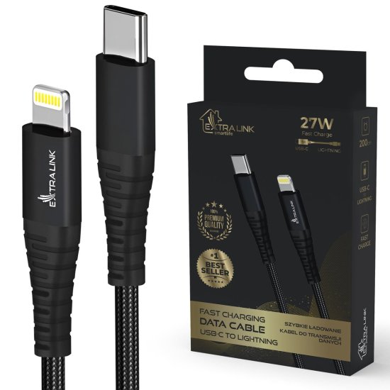 (image for) Extralink Smart Life USB Type-C to Lightning Cable Braided Black | USB-C to Lightning Cable | 27W, 200cm - Click Image to Close