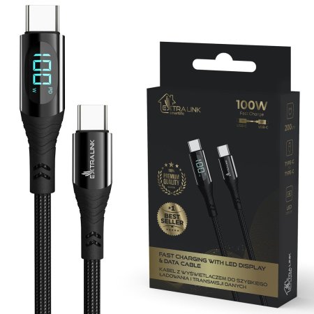 (kuva varten) Extralink Smart Life USB Type-C to Type-C Cable Braided Black with LED display | USB-C Cable | 100W, 200cm