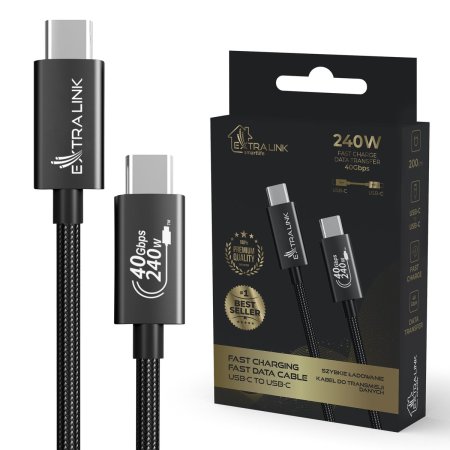 (kuva varten) Extralink Smart Life USB Type-C to Type-C Cable Braided Black | USB-C Cable | 240W, 40Gbps, 200cm