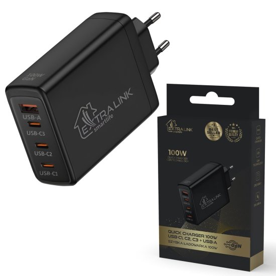 (kuva varten) Extralink Smart Life Fast Charger 100W GaN | Charger | 3x USB-C, USB-A, CHARESL01 - Sulje napsauttamalla kuva