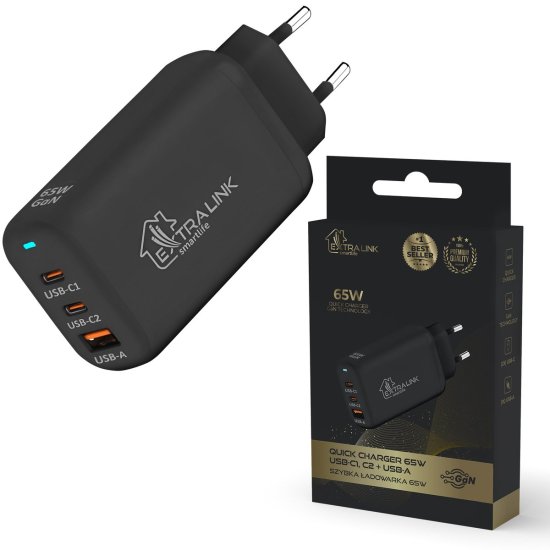 (kuva varten) Extralink Smart Life Fast Charger 65W GaN | Charger | 2x USB-C, USB-A, CHARESL02 - Sulje napsauttamalla kuva