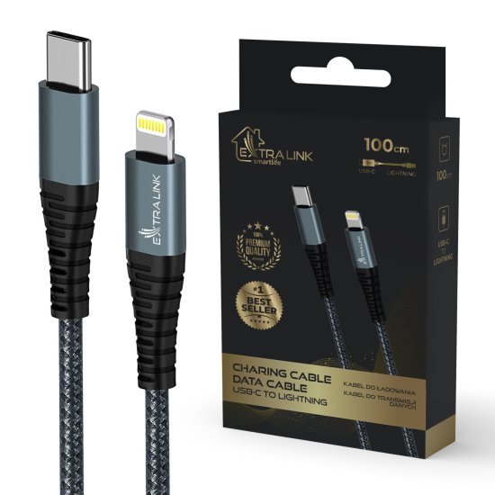 (kuva varten) EXTRALINK SMART LIFE CABLE 27W, USB-C TO LIGHTNING 100CM, TPE, 9V 3A, BLACK - Sulje napsauttamalla kuva