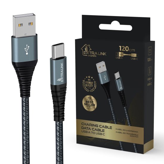 (kuva varten) EXTRALINK SMART LIFE CABLE 15W, USB-A TO USB-C, 120CM, NYLON BRAIDED, 5V 2.4A/3A, BLACK - Sulje napsauttamalla kuva