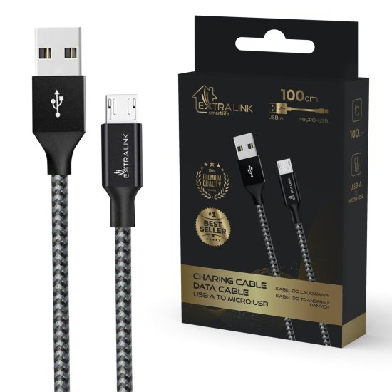 (kuva varten) EXTRALINK SMART LIFE CABLE 15W, USB-A TO MICRO-USB, 100CM, PVC, 5V 2.4A, BLACK - Sulje napsauttamalla kuva