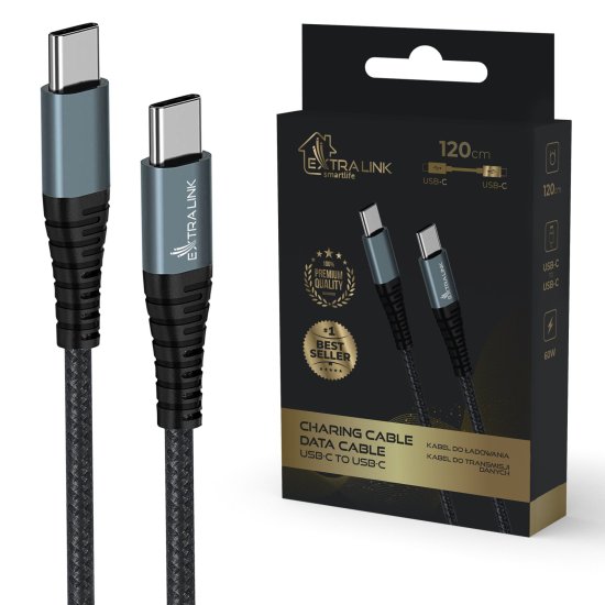 (kuva varten) EXTRALINK SMART LIFE CABLE 60W, USB-C to USB-C 120CM, PVC, 5V 2.4A/3A, GRAY - Sulje napsauttamalla kuva