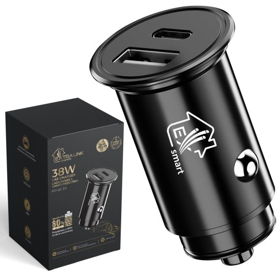 (kuva varten) Extralink Smart Life Car charger | 38W, 1x USB-C, 1x USB-A | Black