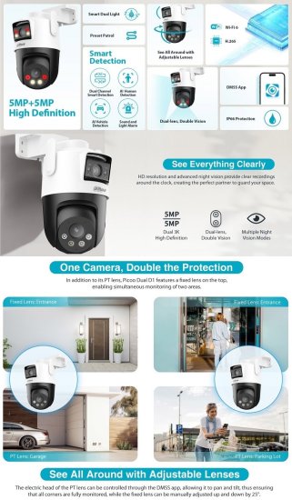  DH-P5D-5F-PV Mini IP-kamera 5MP + 5MP 1/3 tuuman CMOS-kenno, IR + LED jopa 50 m, WIFI, IP66