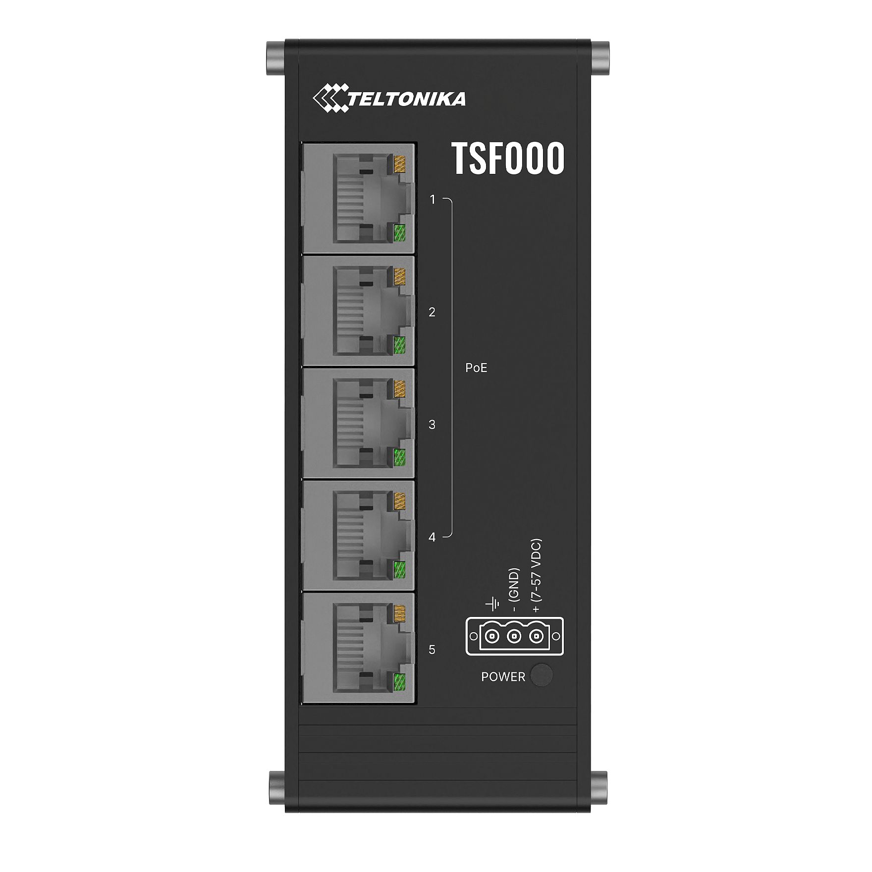 (kuva varten) Teltonika TSF000 Low Profile PoE+ -kytkin | 5x ETH, 60 W budjetti, matalaprofiilinen muotoilu, DIN-kiinnitys, hallitsematon kytkin