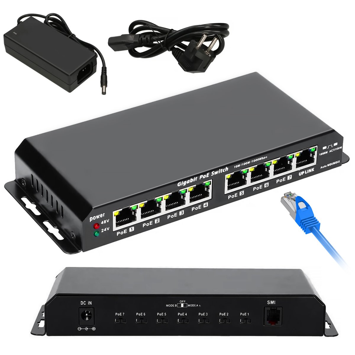 Extralink KRATOS PoE-kytkin, 7x Gigabit PoE, 1x Uplink RJ45, 24V 2,5A virtalähde, 60W teho (kuva varten) Extralink KRATOS PoE-kytkin, 7x Gigabit PoE, 1x Uplink RJ45, 24V 2,5A virtalähde, 60W teho
