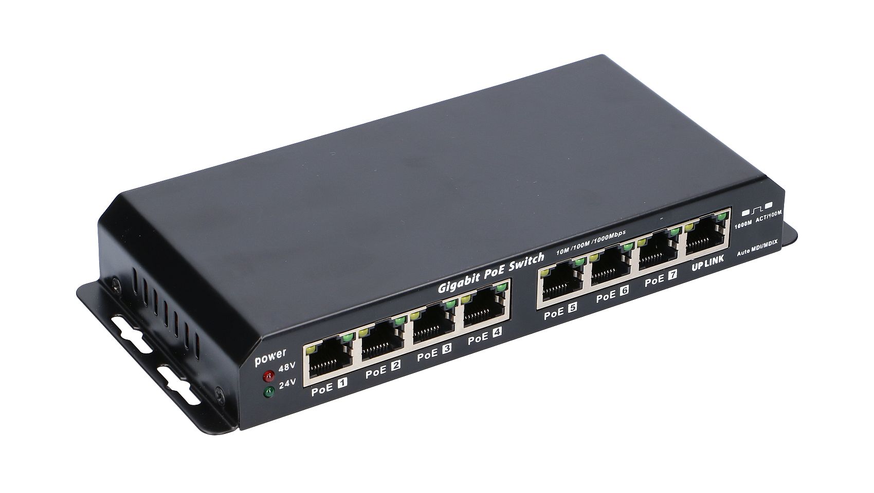 Extralink KRATOS PoE-kytkin, 7x Gigabit PoE, 1x Uplink RJ45, 24V 2,5A virtalähde, 60W teho 5