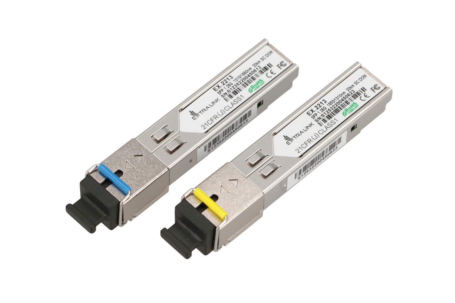 Extralink SFP 1.25G -moduuli, SFP WDM -moduuli, 1.25 Gbps, 1310/1550 nm, yksimuotokuitu, 20 km, SC, DOM, pari 2
