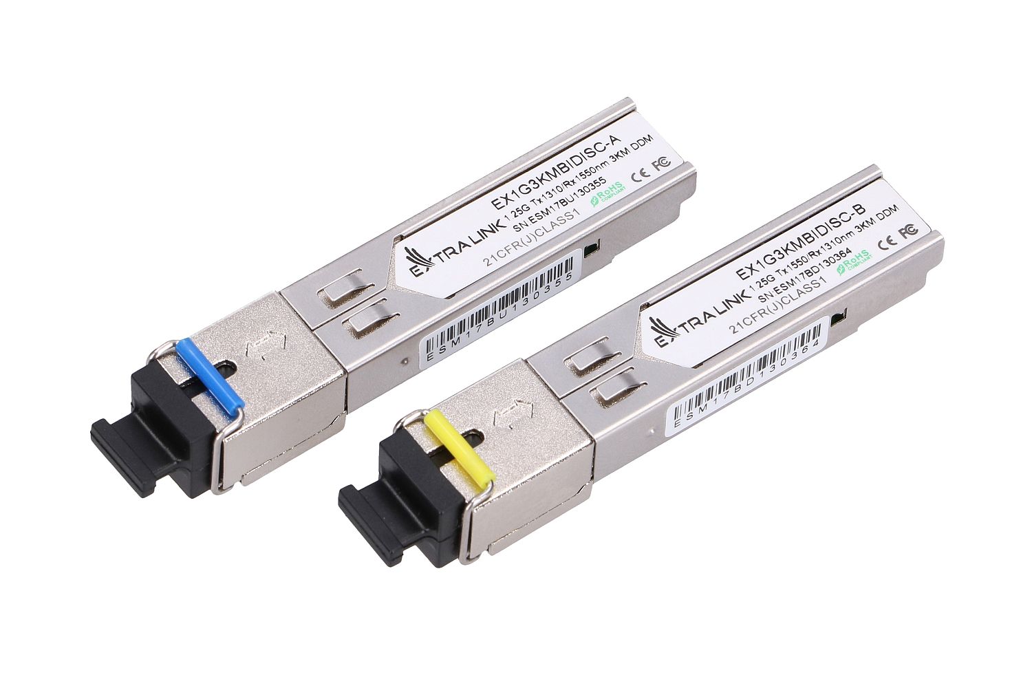 Extralink SFP 1.25G -SFP WDM -moduuli, 1.25 Gbps, 1310/1550 nm, yksimuotokuitu, 3 km, SC, DOM, pari 2