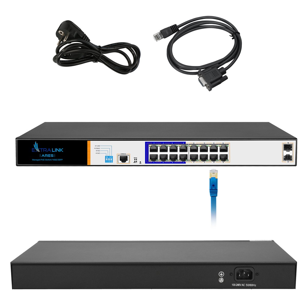 Extralink ARES PoE-kytkin, 16x Gigabit PoE/PoE+, 2x SFP, 1x konsoliportti, 150 W, hallittava (kuva varten) Extralink ARES PoE-kytkin, 16x Gigabit PoE/PoE+, 2x SFP, 1x konsoliportti, 150 W, hallittava