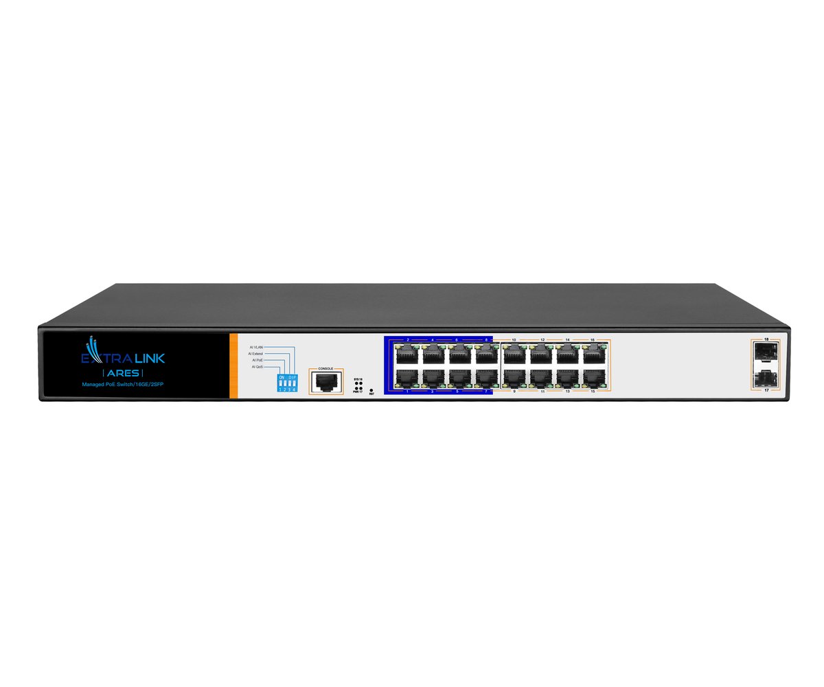 Extralink ARES PoE-kytkin, 16x Gigabit PoE/PoE+, 2x SFP, 1x konsoliportti, 150 W, hallittava 2