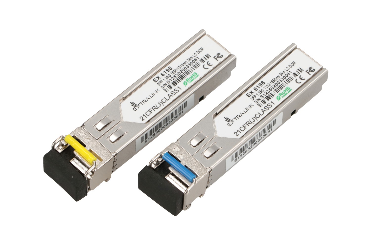 Extralink SFP 1.25G -SFP WDM-moduuli, 1,25 Gb/s, 1310/1550 nm, yksimuotokuitu, 3 km, LC, DOM, pari 2