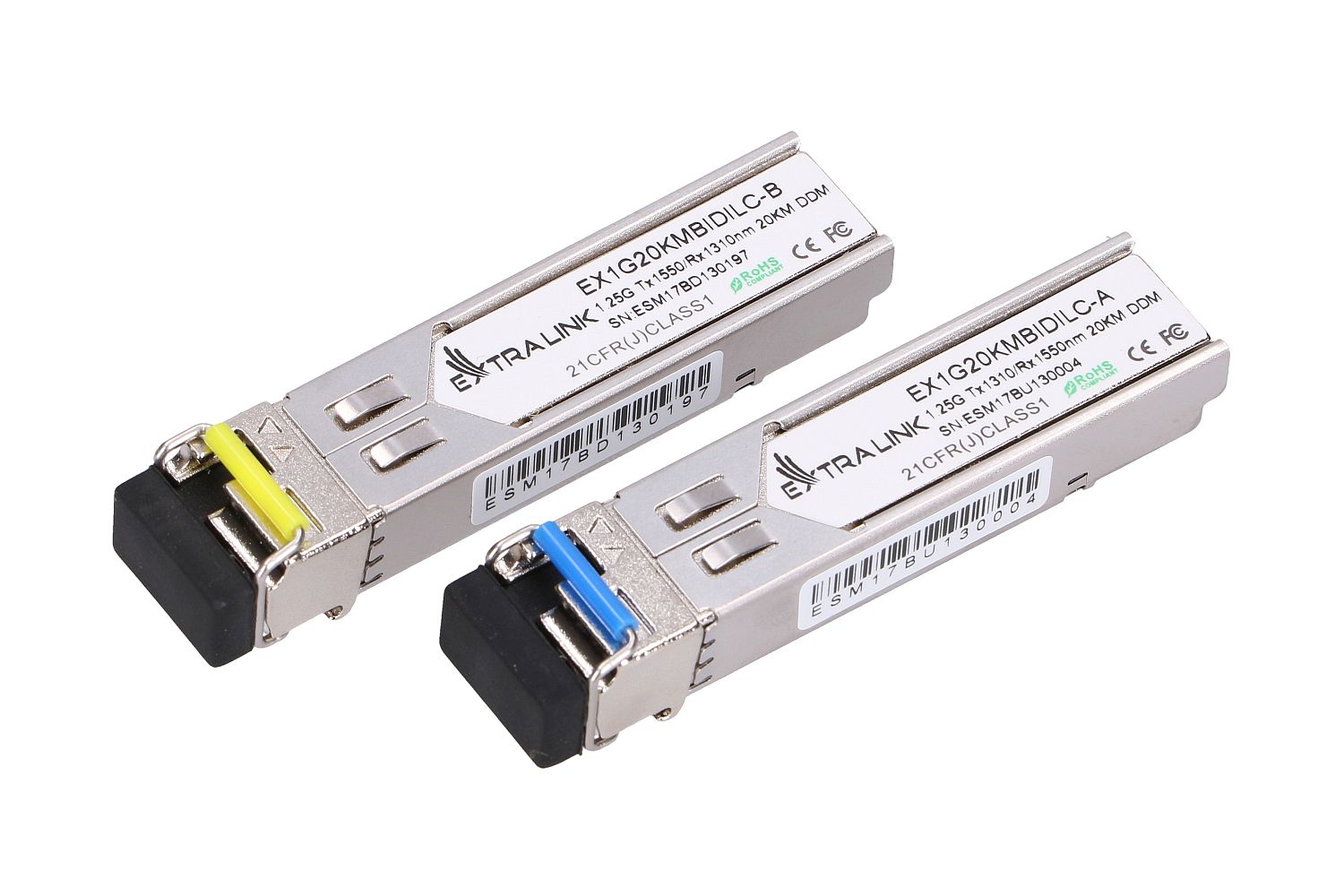Extralink SFP 1.25G -SFP WDM-moduuli, 1,25 Gbps, 1310/1550 nm, yksimuotokuitu, 20 km, LC, DOM, pari 2
