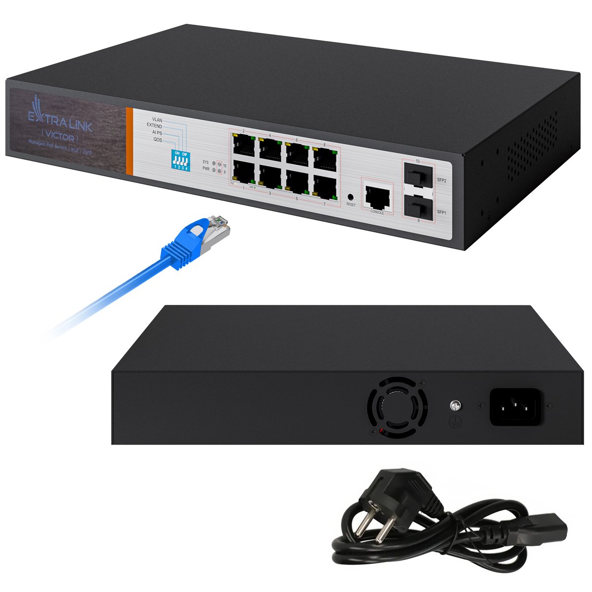 Extralink VICTOR PoE-kytkin, 8x Gigabit PoE/PoE+, 2x SFP, 1x konsoliportti, 150 W, hallittava (kuva varten) Extralink VICTOR PoE-kytkin, 8x Gigabit PoE/PoE+, 2x SFP, 1x konsoliportti, 150 W, hallittava