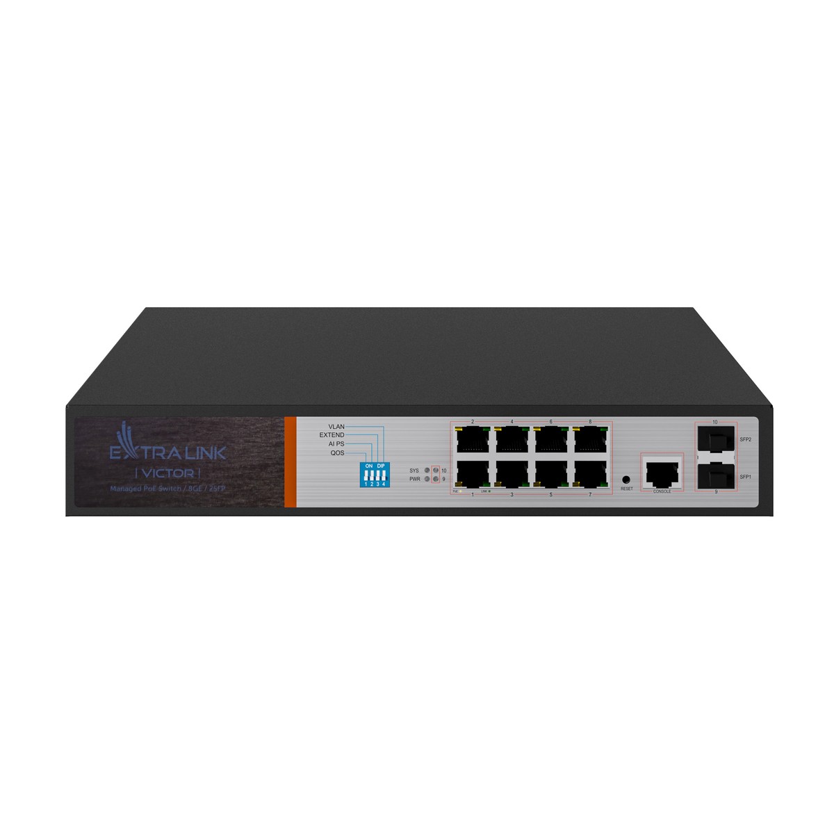 Extralink VICTOR PoE-kytkin, 8x Gigabit PoE/PoE+, 2x SFP, 1x konsoliportti, 150 W, hallittava 2