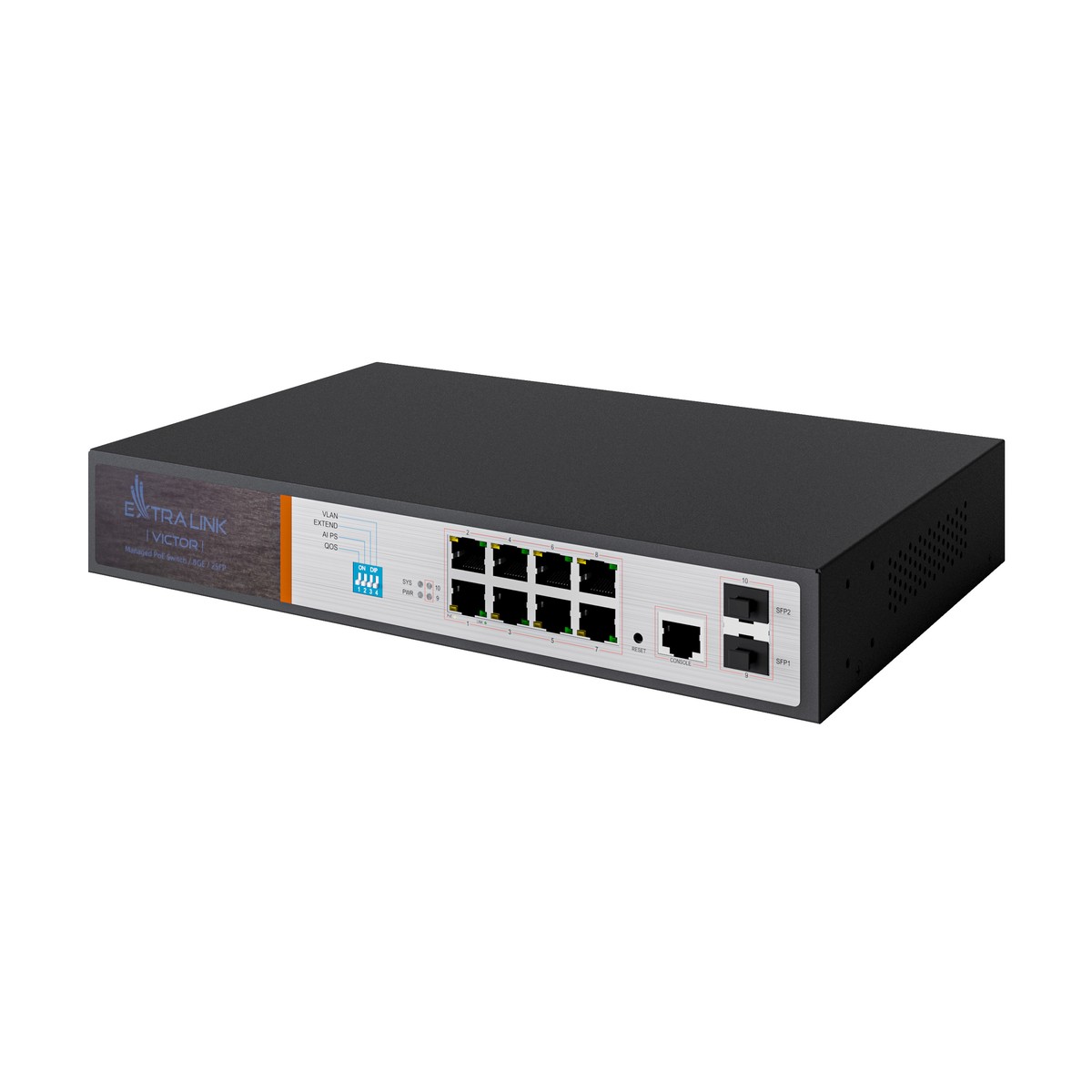 Extralink VICTOR PoE-kytkin, 8x Gigabit PoE/PoE+, 2x SFP, 1x konsoliportti, 150 W, hallittava 4