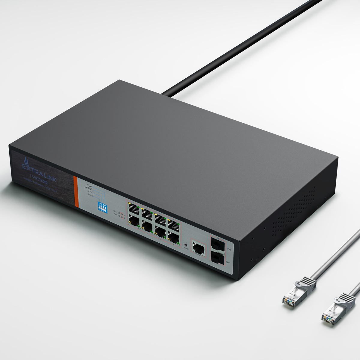 Extralink VICTOR PoE-kytkin, 8x Gigabit PoE/PoE+, 2x SFP, 1x konsoliportti, 150 W, hallittava 5