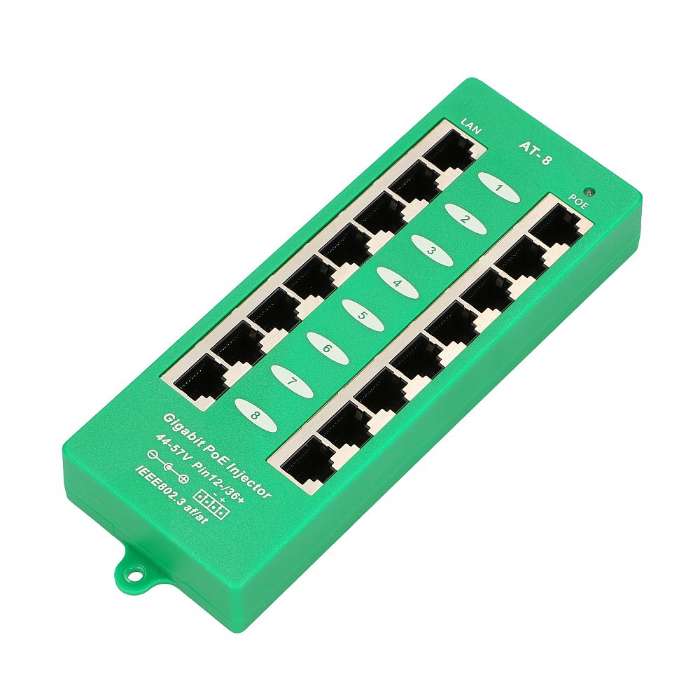 Extralink 8-portti Gigabit PoE-injektori, aktiivinen, 8 Gigabit-porttia 802.3at/af, Mode A 2