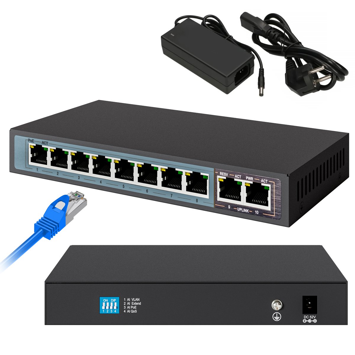 Extralink PERSES PoE-kytkin, 8x Gigabit PoE/PoE+, 2x Gigabit RJ45 -uplink, 96W (kuva varten) Extralink PERSES PoE-kytkin, 8x Gigabit PoE/PoE+, 2x Gigabit RJ45 -uplink, 96W