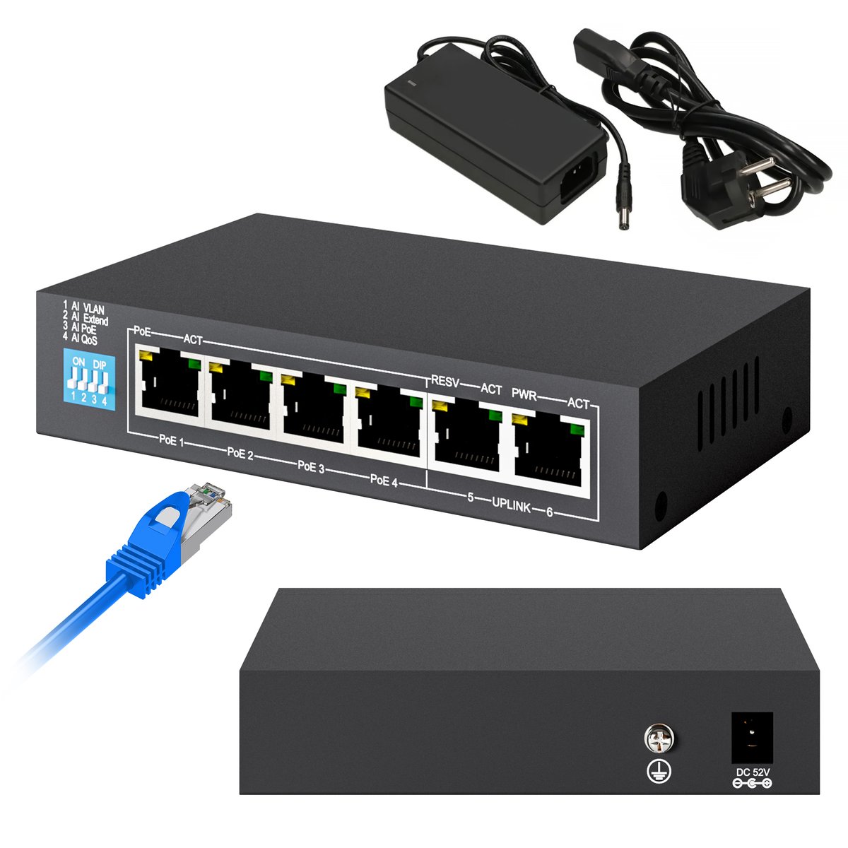 Extralink EUROS V2 PoE-kytkin, 4x 100Mb/s PoE/PoE+, 2x RJ45 Uplink 100Mb/s, 60W (kuva varten) Extralink EUROS V2 PoE-kytkin, 4x 100Mb/s PoE/PoE+, 2x RJ45 Uplink 100Mb/s, 60W