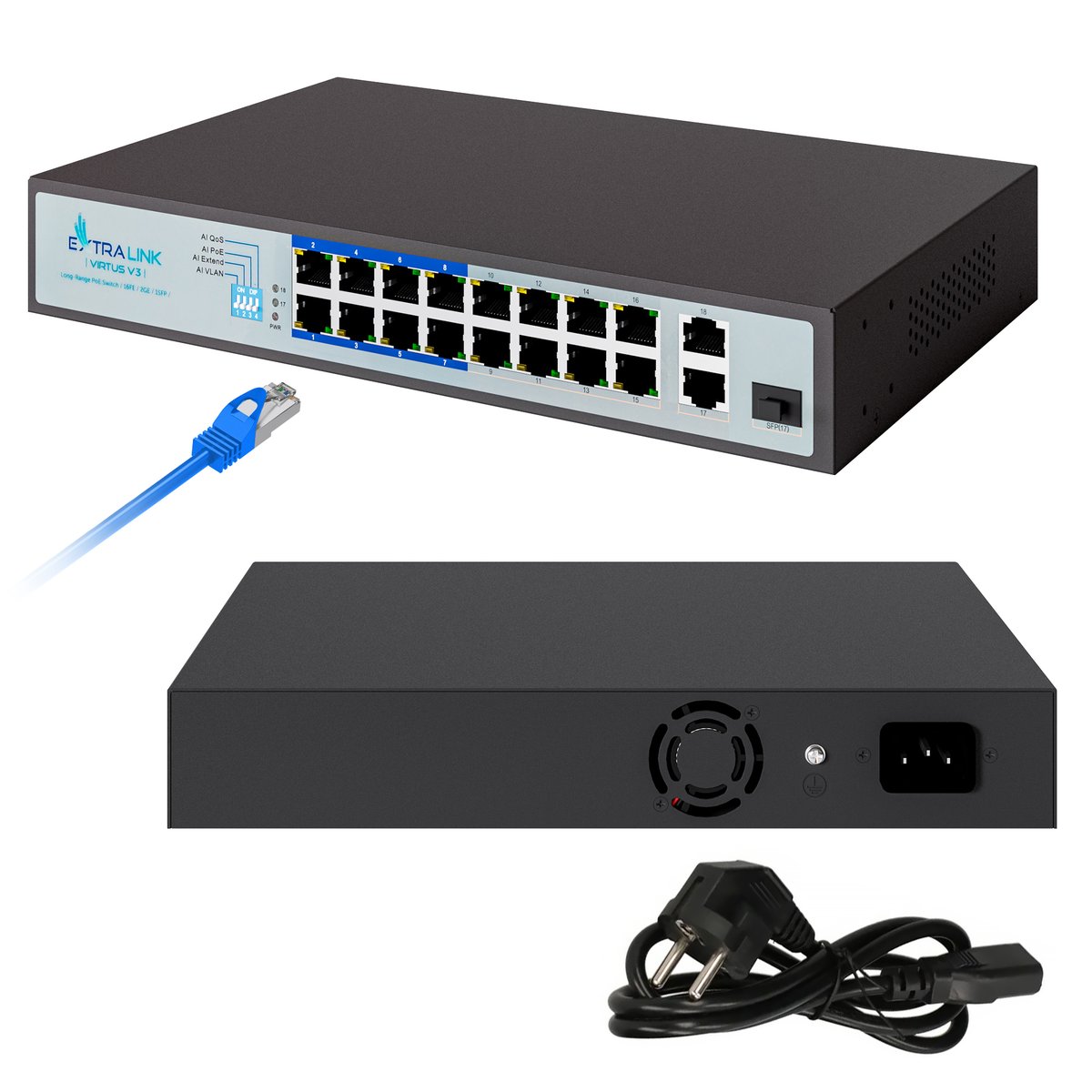 Extralink VIRTUS V3 PoE-kytkin, 16x 100Mb/s PoE/PoE+, 2x Gigabit RJ45 + 1x SFP, 150W (kuva varten) Extralink VIRTUS V3 PoE-kytkin, 16x 100Mb/s PoE/PoE+, 2x Gigabit RJ45 + 1x SFP, 150W