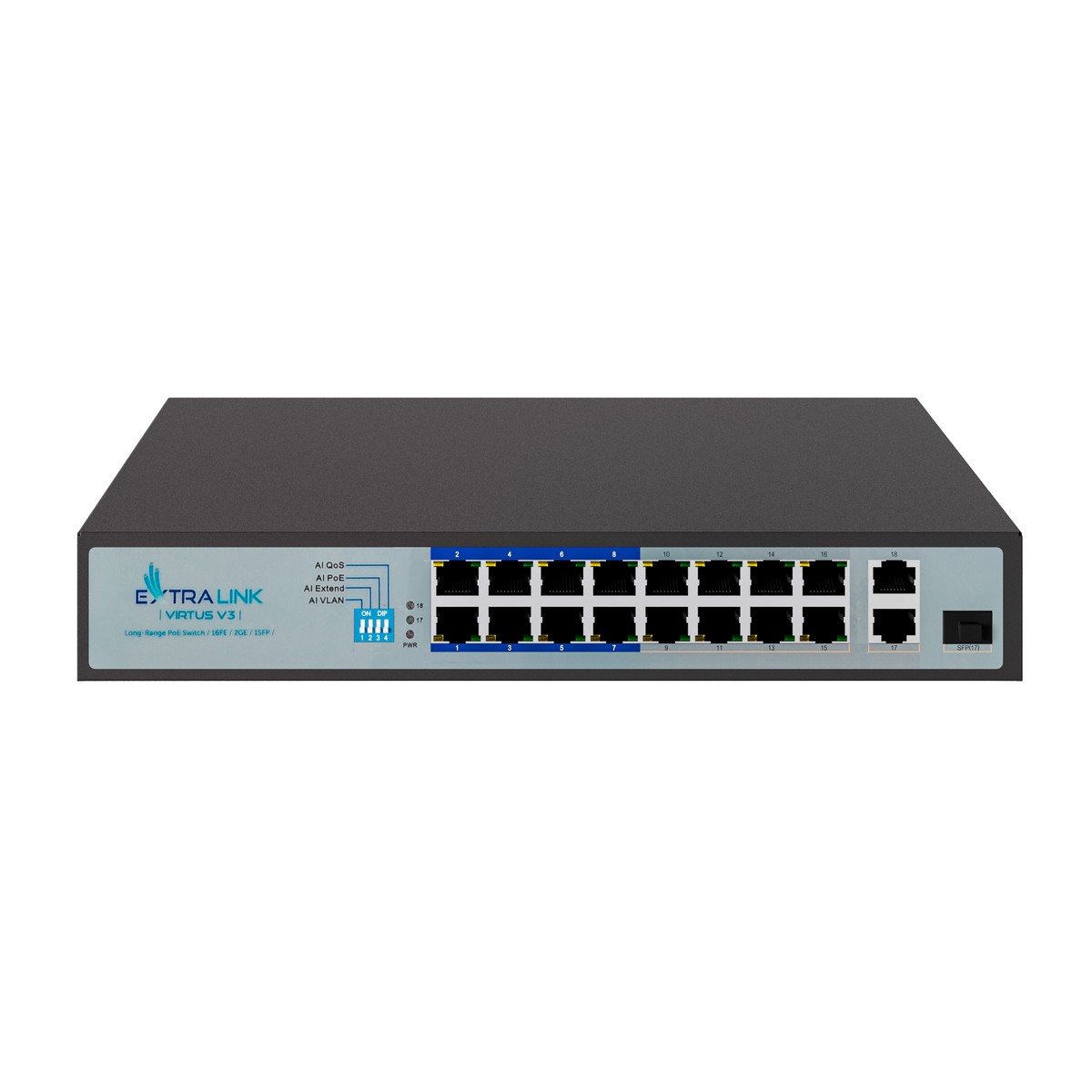 Extralink VIRTUS V3 PoE-kytkin, 16x 100Mb/s PoE/PoE+, 2x Gigabit RJ45 + 1x SFP, 150W 2