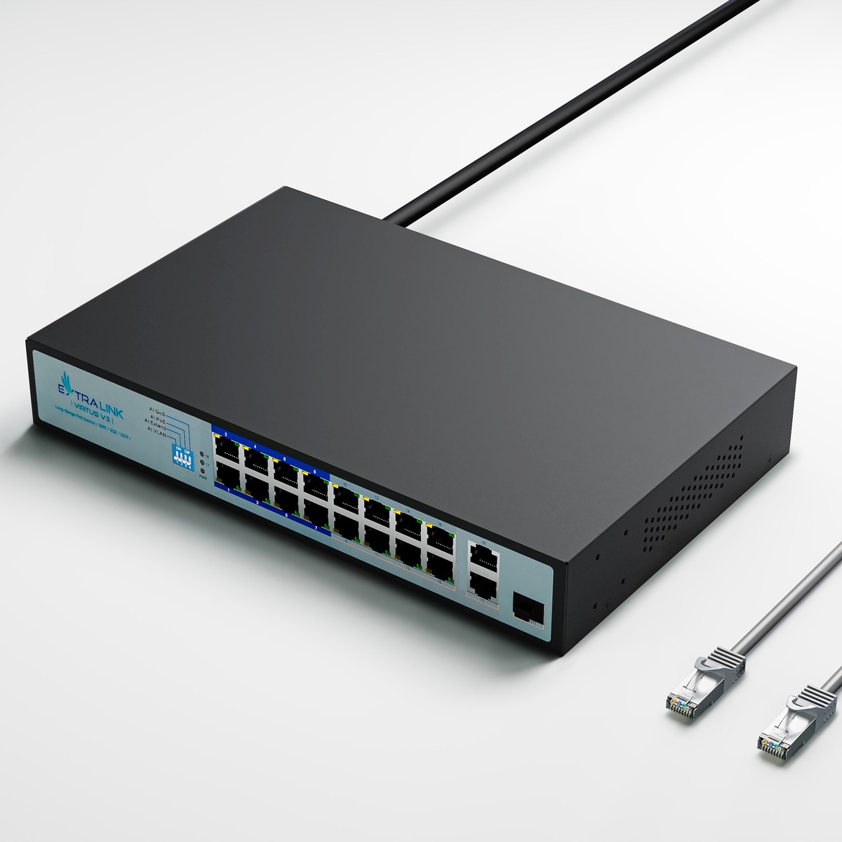Extralink VIRTUS V3 PoE-kytkin, 16x 100Mb/s PoE/PoE+, 2x Gigabit RJ45 + 1x SFP, 150W 4