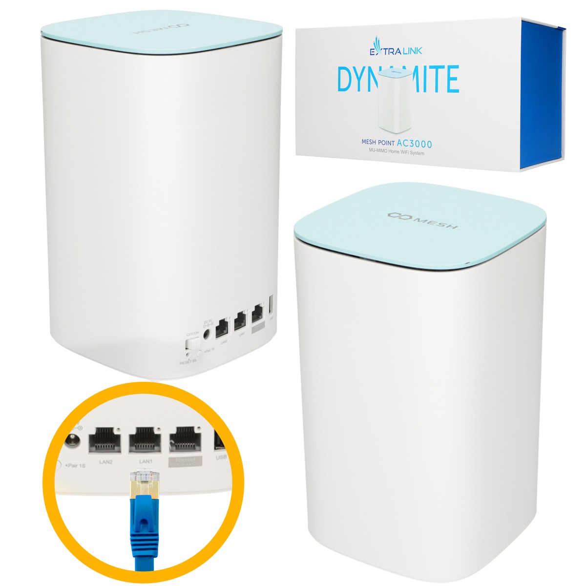 (kuva varten) Extralink Dynamite C31 Mesh-verkkolaajennin, AC3000, MU-MIMO, kotimainen Mesh WiFi -järjestelmä
