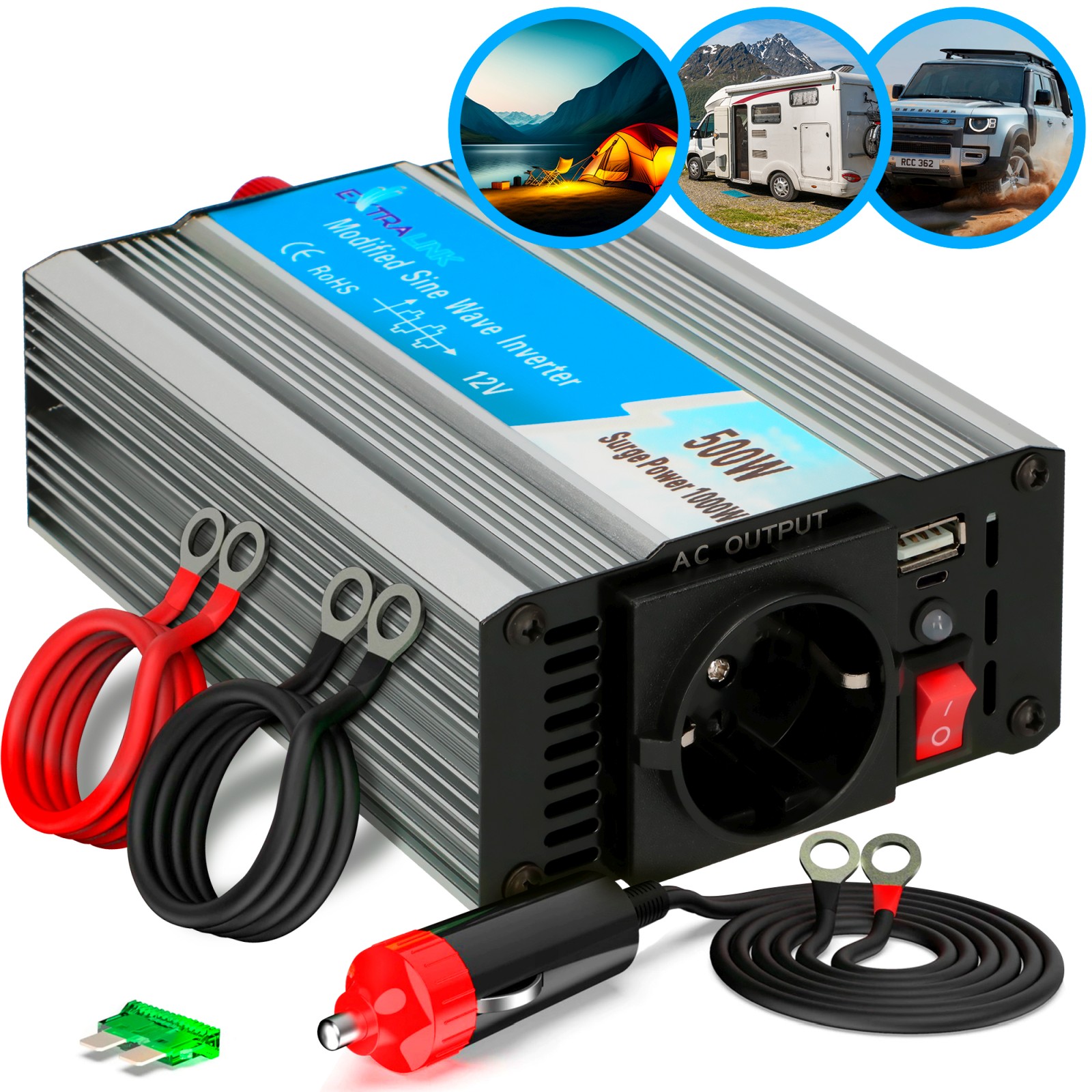 Extralink OPIM-500W autoinvertteri, 12V 500W modified sine wave (kuva varten) Extralink OPIM-500W autoinvertteri, 12V 500W modified sine wave