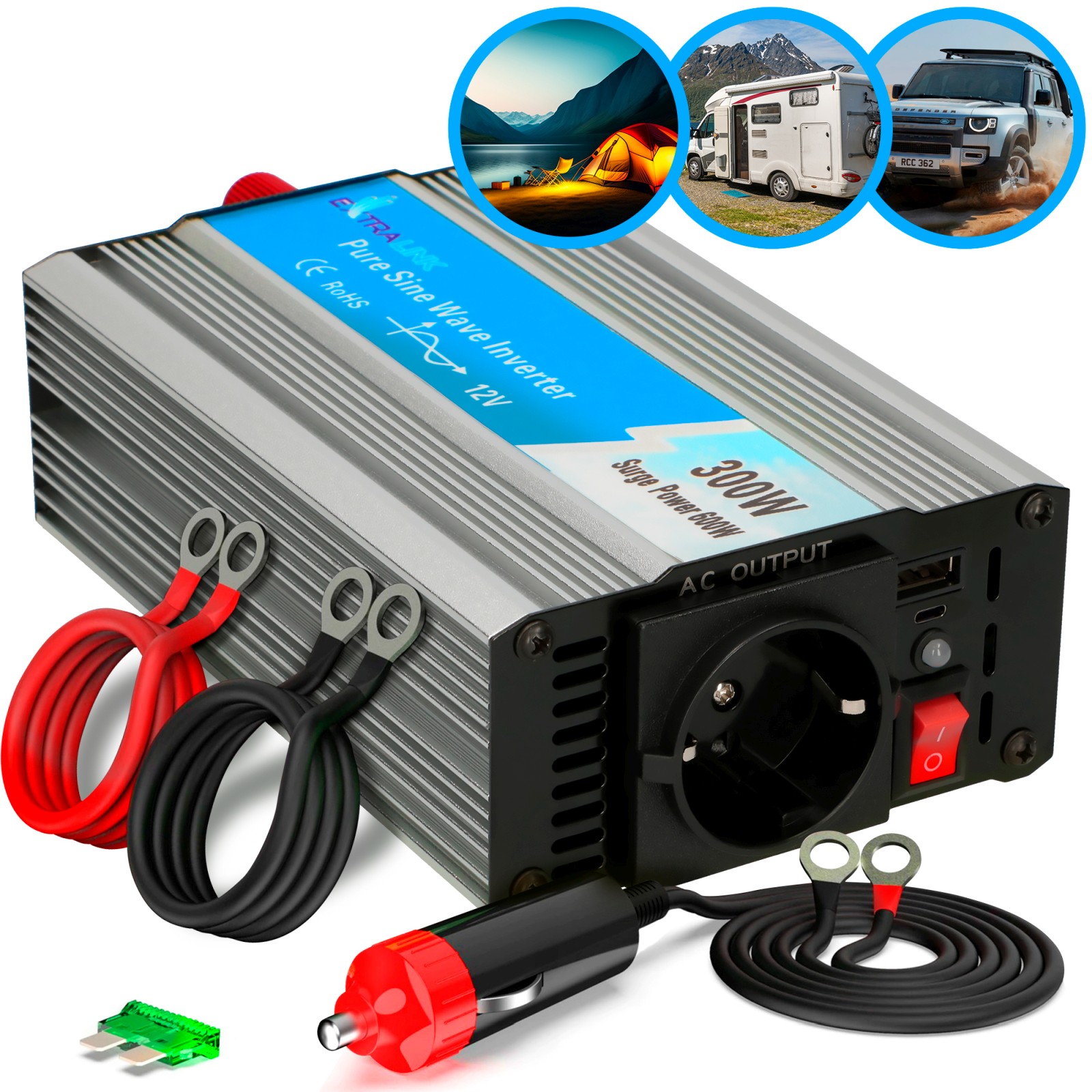 Extralink OPIP-300W invertteri, auto 12V, 300W puhdas siniaalto (kuva varten) Extralink OPIP-300W invertteri, auto 12V, 300W puhdas siniaalto