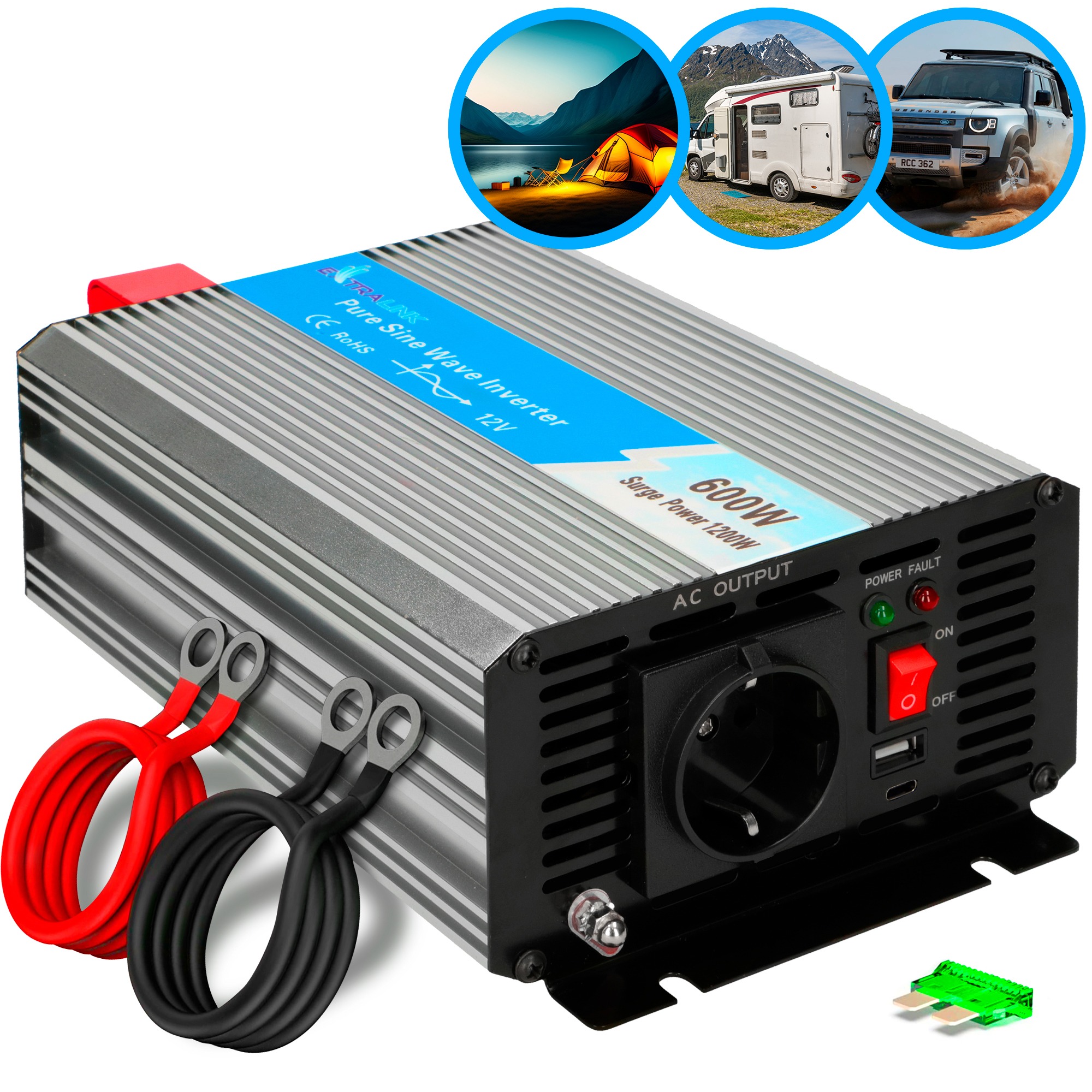 Extralink OPIP-600W invertteri, auto 12V, 600W puhdas siniaaltomuunnin (kuva varten) Extralink OPIP-600W invertteri, auto 12V, 600W puhdas siniaaltomuunnin