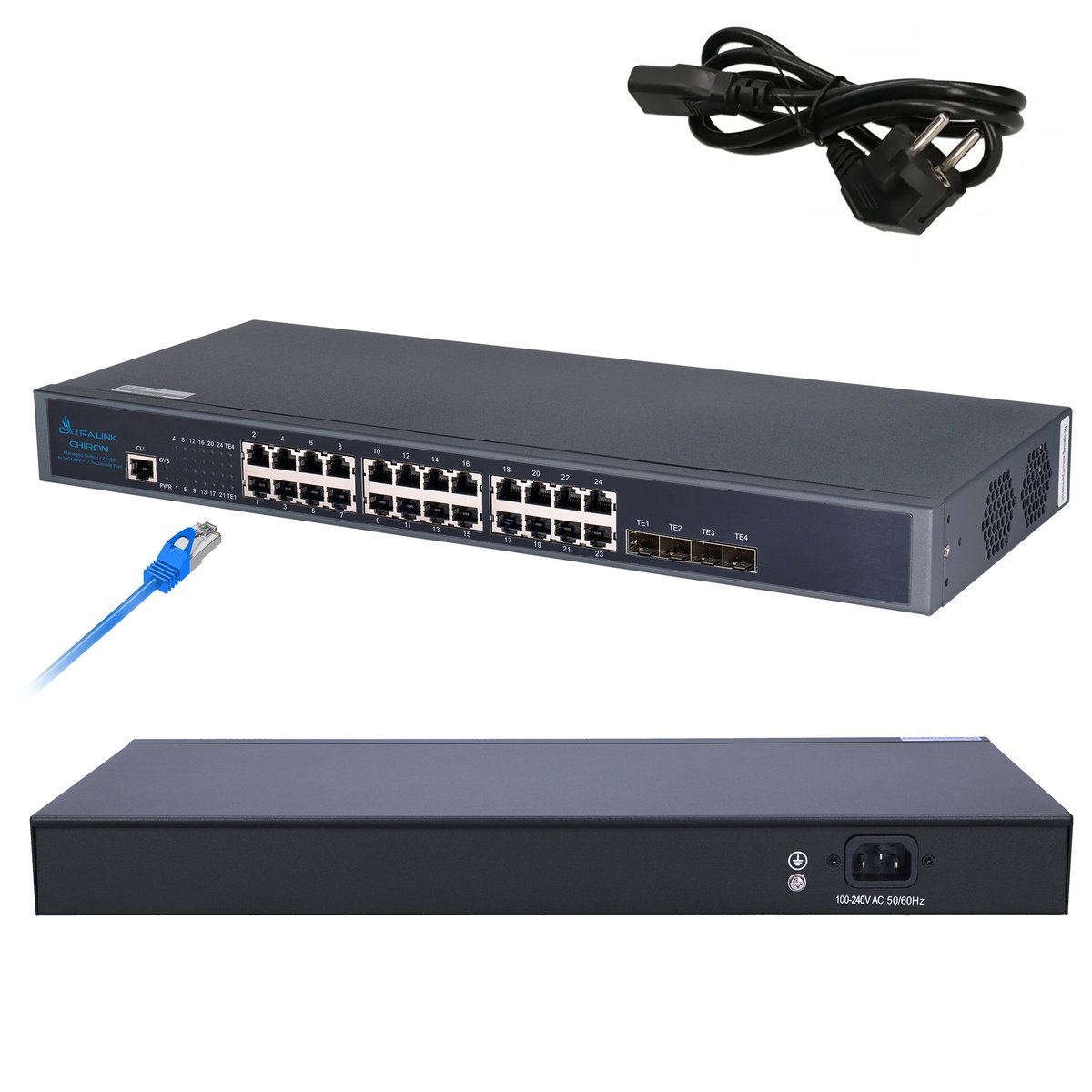 Extralink Chiron -kytkin, 24x RJ45 1000 Mb/s, 4x SFP+, L3, hallittava (kuva varten) Extralink Chiron -kytkin, 24x RJ45 1000 Mb/s, 4x SFP+, L3, hallittava