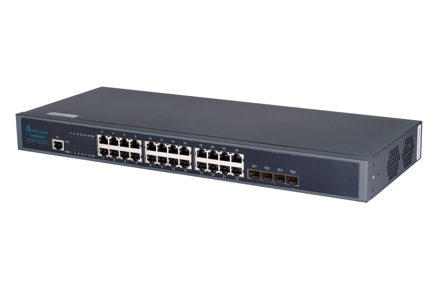 Extralink Chiron -kytkin, 24x RJ45 1000 Mb/s, 4x SFP+, L3, hallittava 3