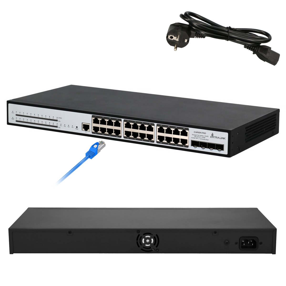 (kuva varten) Extralink Chiron Pro PoE-kytkin, 24x RJ45 1000Mb/s PoE, 4x SFP+, L3, hallittava, 370W