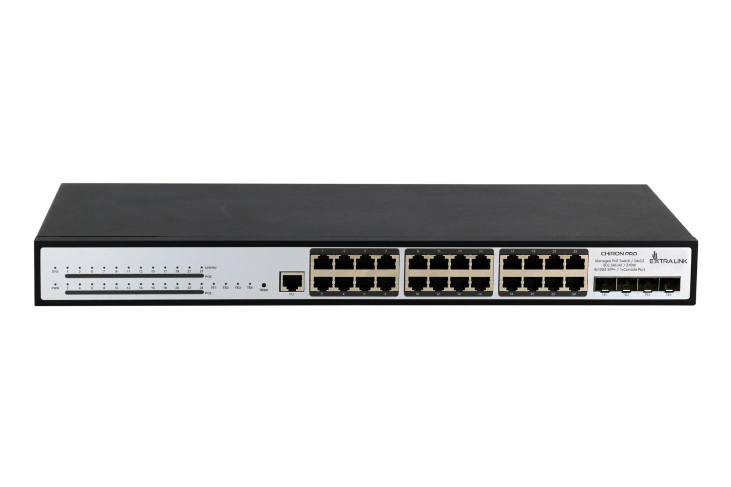 Extralink Chiron Pro PoE-kytkin, 24x RJ45 1000Mb/s PoE, 4x SFP+, L3, hallittava, 370W 2