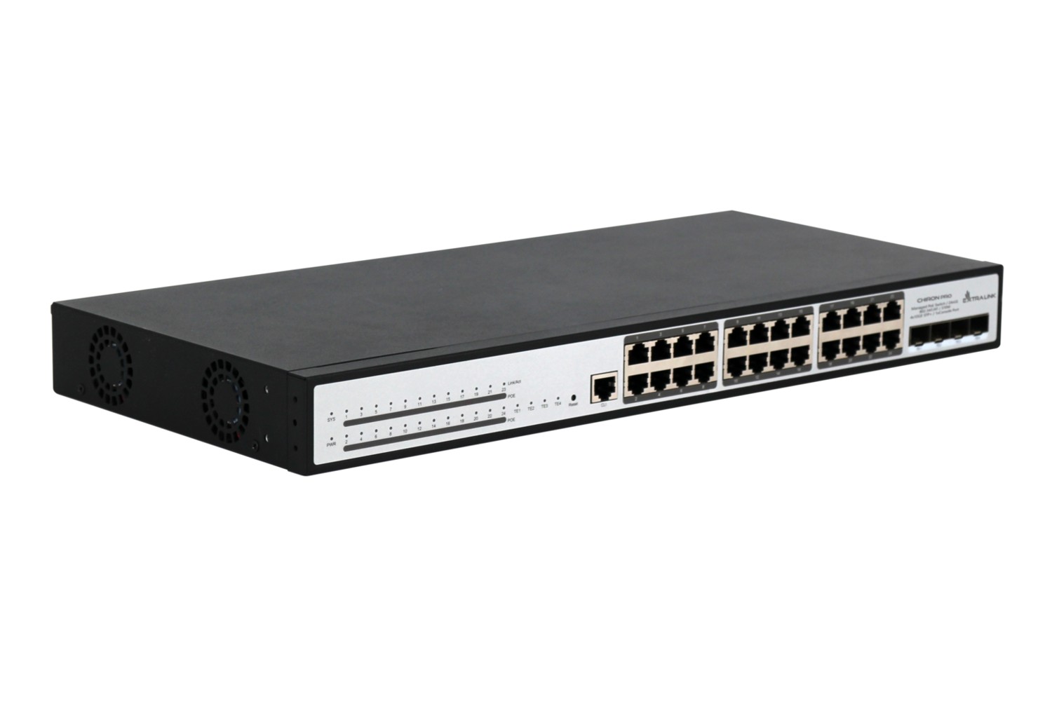 Extralink Chiron Pro PoE-kytkin, 24x RJ45 1000Mb/s PoE, 4x SFP+, L3, hallittava, 370W 3